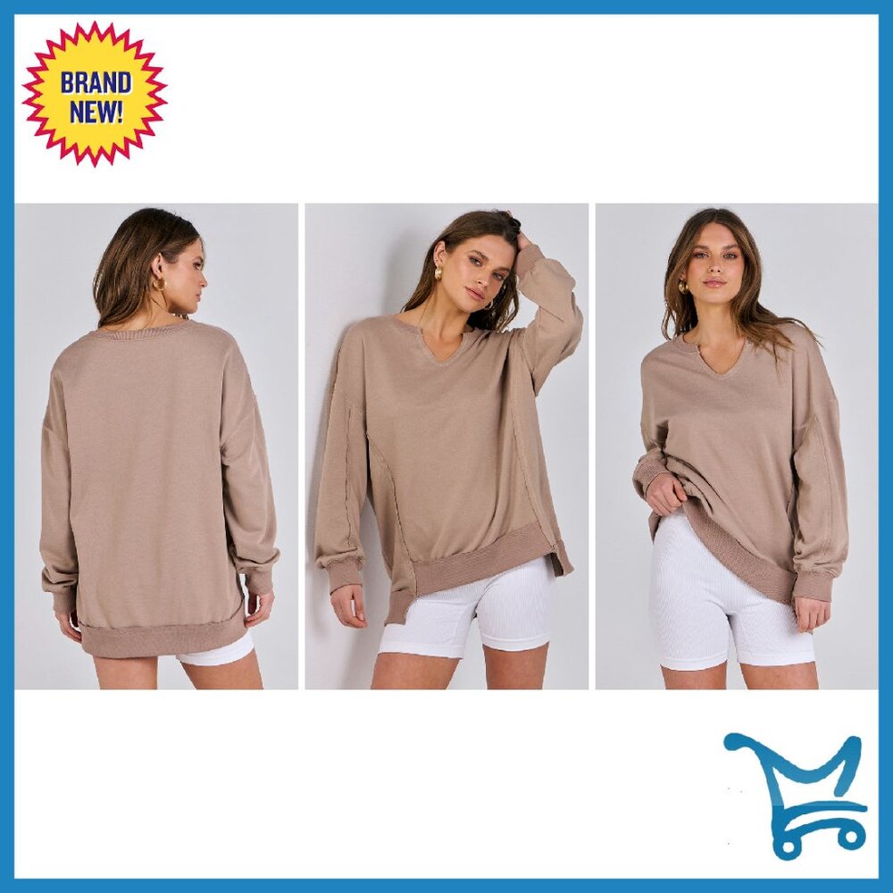 Oversized V-Neck Sweatshirt, Patchwork Design, Lo… - image 8